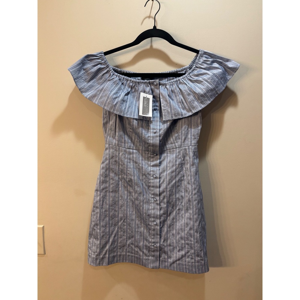 NWT‎ INTERMIX Ella Off Shoulder Striped Button Front Dress Blue S Summer $275